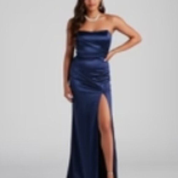 Gianna Strapless High-slit Satin Dress - Picture 3 of 5